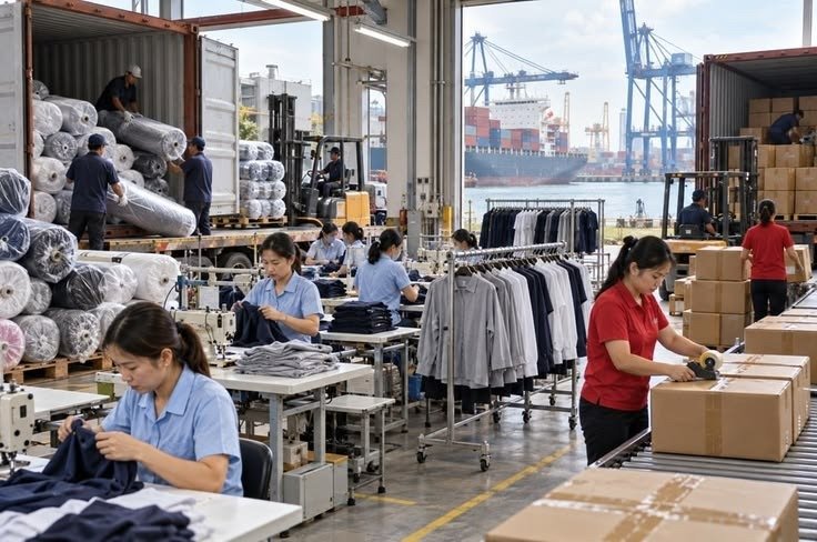 Garment workers stitching and packing at the Veni Exports unit