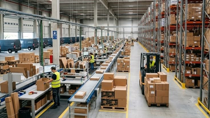 Cartons being packed and sorted for dispatch in a warehouse