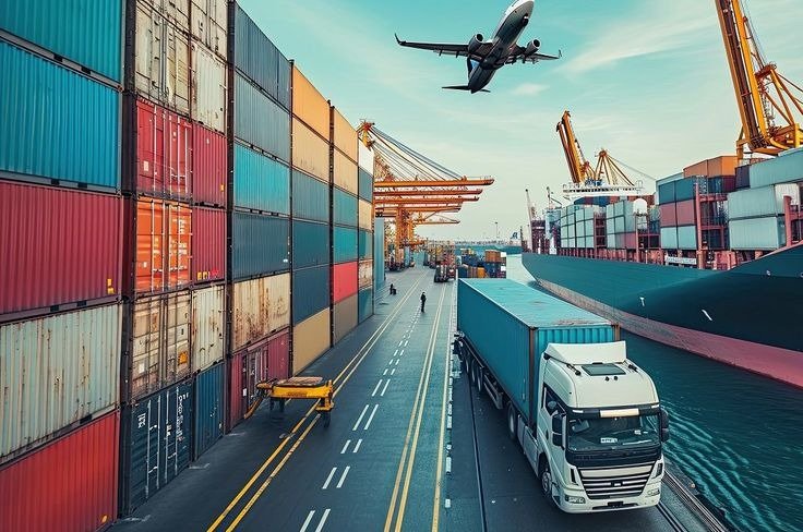 Shipping containers, a cargo truck and an aircraft at a busy port