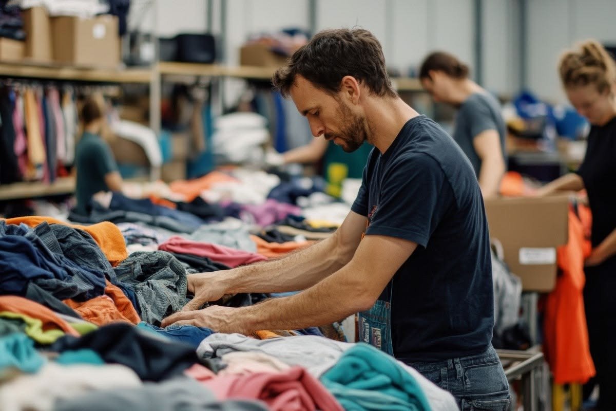 Team sorting garments for a wholesale lot