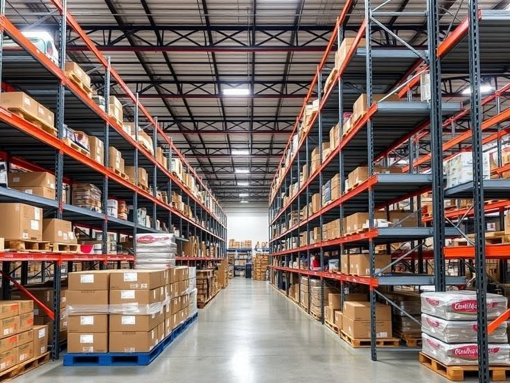 Racked warehouse storing packed cartons